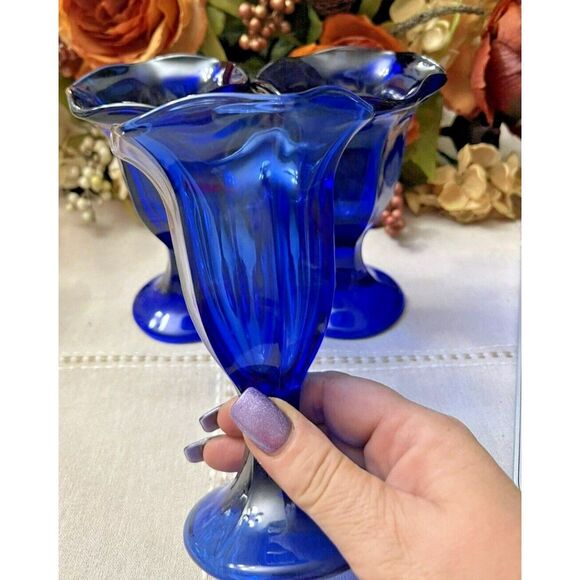 Anchor Hocking Cobalt Blue Footed Tulip Ice Cream Sundae Dessert Dish Set of 3 - Picture 3 of 5